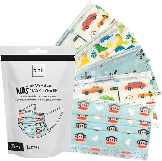 BLNK Kinder Mondkapje - Boys Mix Pack| 3-laags, Verschillende Prints, Medisch, CE-Gecertificeerd, 5 stuks