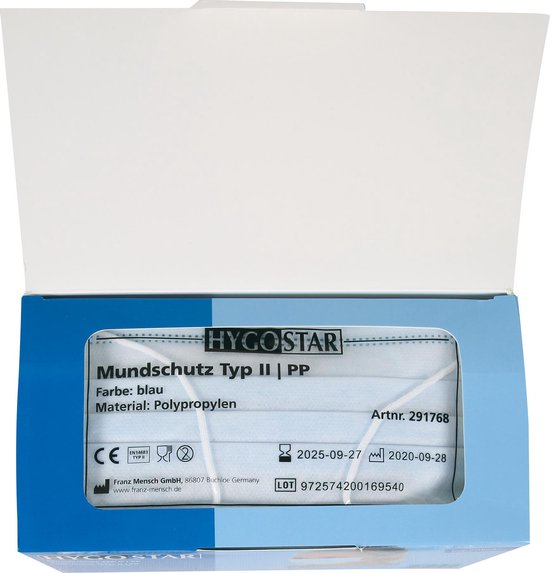 Per stuk apart verpakt! Hygostar gecertificeerd chirurgisch mondmasker (medisch Type II) mondkapje 3-laags blauw 50 stuks met oorelastiek