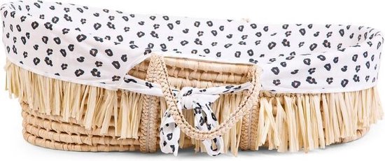 Moses Mand + Handvaten + Matras - Zacht Maïsschil + Raffia - Naturel + Jersey Bekleding Leopard