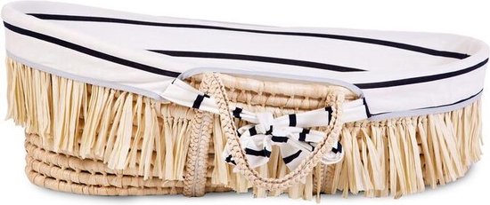 Moses Mand + Handvaten + Matras - Zacht Maïsschil + Raffia - Naturel + Jersey Bekleding Marin