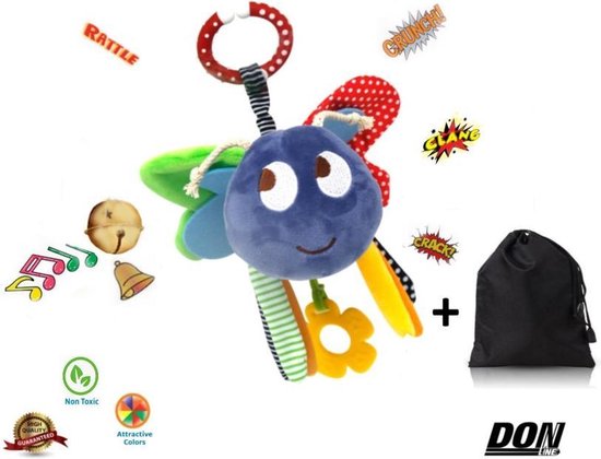 Ebei-Eya - Baby Zachte Pluche Rammelaar Kinderwagen Knuffel + Bijtring – Bij Ontwerp – Met Plastic en handbellen geluiden / Baby Speelgoed / Leuk Jongen en Meisje Kraamcadeau / Babyshower Cadeau – 0 tot 1 jaar / Babyknuffel + GRATIS Handige opbergtas