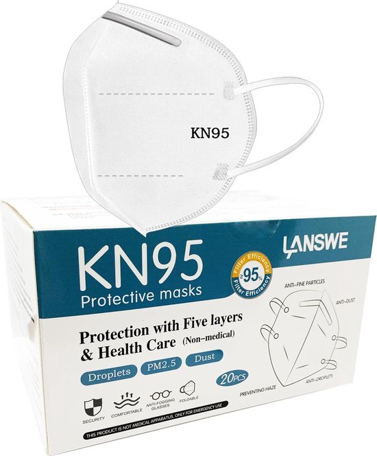 Lanswe Hoogwaardige Medische FFP2 (KN-95) Mondkapjes / Mondmaskers | Medisch Gecertificeerde Mondmaskers - 20 Stuks