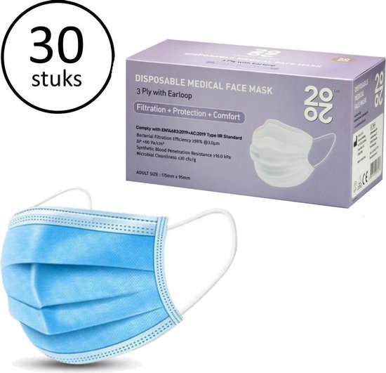 2020 ™ IIR / 2R wegwerp Medische Mondkapjes met Oorlussen | EN14683:2019 | 98% Filtratie, Vloeistofbestendig Chirurgisch Mondmaskers 2R - 3 Laags Masker - Blauw - 30 stuks