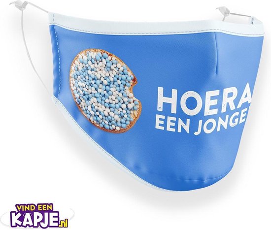 Geboorte mondkapje, Hoera een jongen! beschuit met blauwe muisjes | mondkapje | mondmasker | wasbaar | herbruikbaar | neusclip | polyester | katoen | verstelbaar | geboorte | hoera | beschuit | zwanger | kraamkado | baby | bevalling |