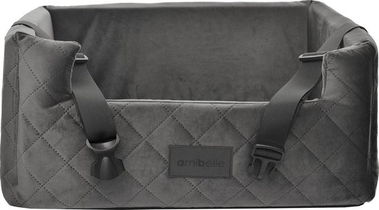 Amibelle Velvet Silver - Autostoel voor hond - 57x50cm - Orthopedisch kussen - Hondenmand Auto - Wasbaar - Handgemaakt