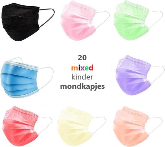 20 Kinder Wegwerp Mondkapjes Gemengde Kleuren | Gemixte Kleuren Mondmaskers Kindermaat | 14.5 x 9 cm | Multikleur | Geel | Groen | Blauw | Rood | Paars | Zwart | Roze | Oranje