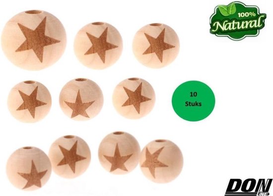 DONLINE – 10 Stuks 20mm Ronde Ster Laser Gegraveerd Natuurlijke Houten Kralen – 4mm Gaatje / Natuurlijke Ronde Houten Kralen / Baby Speenkoord, Kinderwagen Slinger, Baby Bijtring Kralen / Kralen Rijgen / Sieraden houten kralen / Macramé Kralen