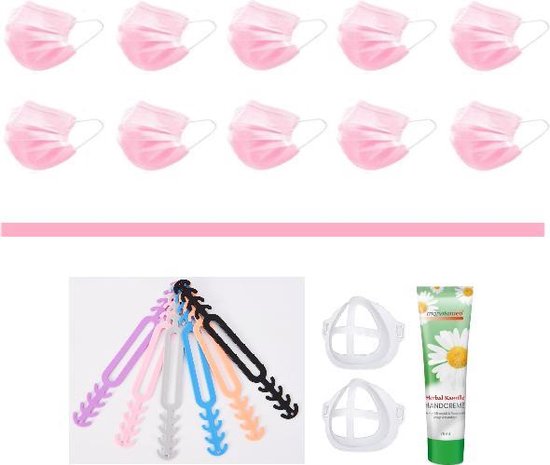 Mondkapjes Vakantie Pakket: 50 Roze Mondmaskers | 5 Earsavers Mix | 2 Mondmaskerhouders | Handcreme