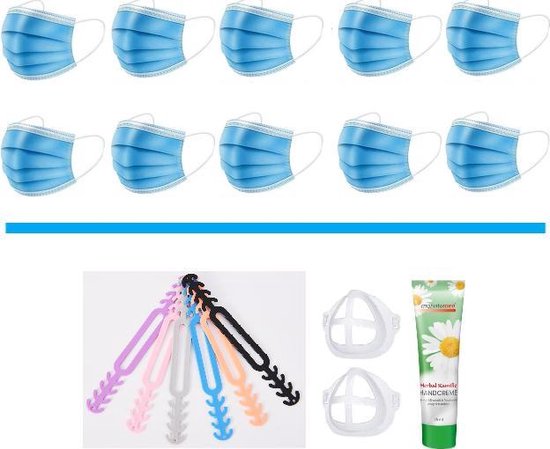 Mondkapjes Vakantie Pakket: 50 Blauwe Mondmaskers | 5 Earsavers Mix | 2 Mondmaskerhouders | Handcreme