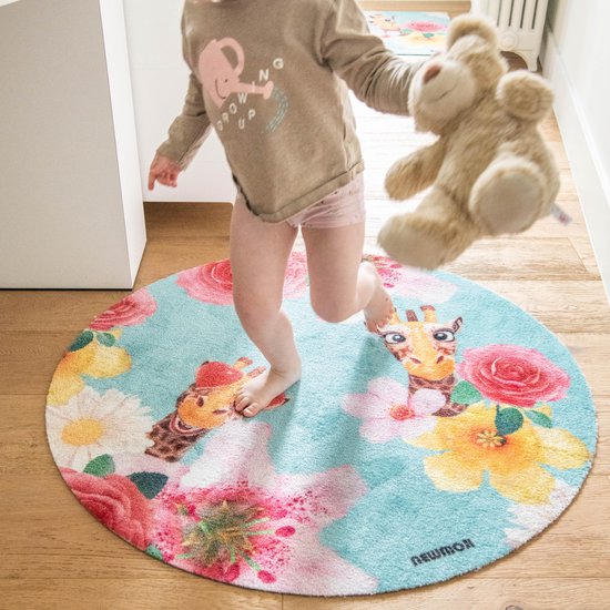 Vloerkleed NEWMOJI - Vloerkleed kinderkamer 90X90 cm - Tapijt kinderkamer rond - Kindertapijt - Speelkleed/Speelmat - Vloerkleed Dieren - Giraf turquoise/roze - Voor jongens en meisjes