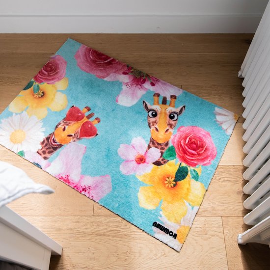 Vloerkleed NEWMOJI - Vloerkleed kinderkamer 60X90 cm - Tapijt kinderkamer - Kindertapijt - Speelkleed/Speelmat - Vloerkleed Dieren - Giraf turquoise/roze - Voor jongens en meisjes