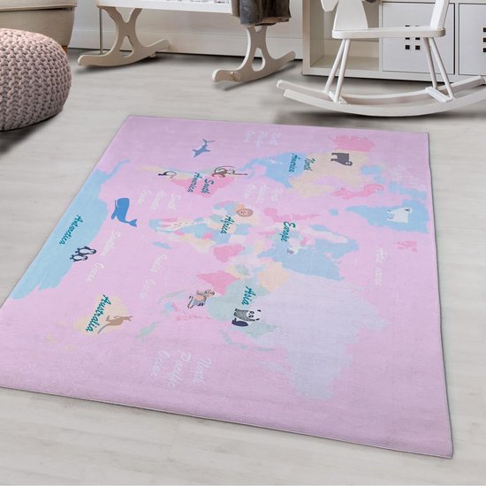 Flycarpets Kinderkamer Vloerkleed - Speelkleed - Wereldkaart - Roze - 100x150 cm