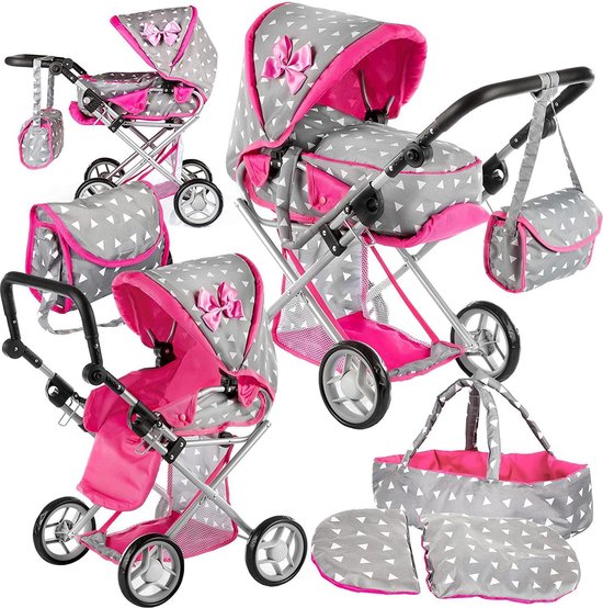 POPPENWAGEN -DOLL'S KP0200S 4-wiel kinderwagen poppen Pram Combi Grijze kinderwagen voor Poppen, in hoogte verstelbaar, opvouwbaar, incl. Draagtas - (WK 02122)