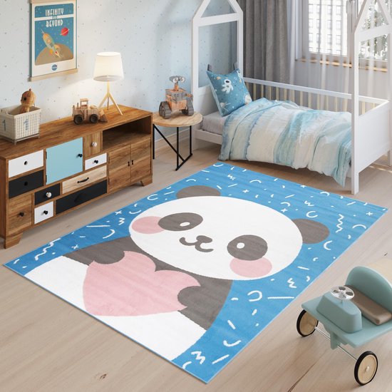 Tapiso Jolly Vloerkleed Speelkleed Woonkamer Slaapkamer Kinderkamer Babykamer Panda Hart Blauw Design Interieur Hoogwaardig Kindertapijt Maat -  160x220