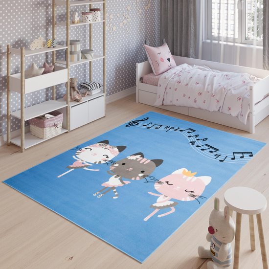 Tapiso Pinky Vloerkleed Speelkleed Woonkamer Slaapkamer Kinderkamer Babykamer Blauw Poesjes Design Interieur Hoogwaardig Kindertapijt Maat -  140x200