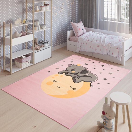 Tapiso Pinky Vloerkleed Speelkleed Woonkamer Slaapkamer Kinderkamer Babykamer Olifant Sterren Roze Design Interieur Hoogwaardig Kindertapijt Maat -  200x300