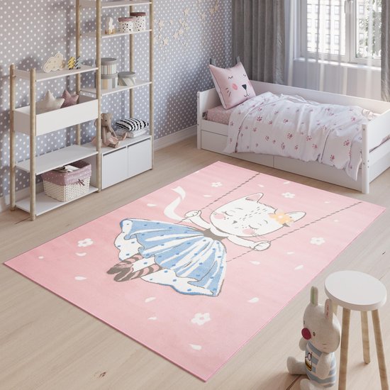 Tapiso Jolly Vloerkleed Speelkleed Woonkamer Slaapkamer Kinderkamer Babykamer Roze Kat Design Interieur Duurzaam Hoogwaardig Kindertapijt Maat - 80x150