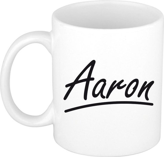 Aaron naam cadeau mok / beker met sierlijke letters - Cadeau collega/ vaderdag/ verjaardag of persoonlijke voornaam mok werknemers