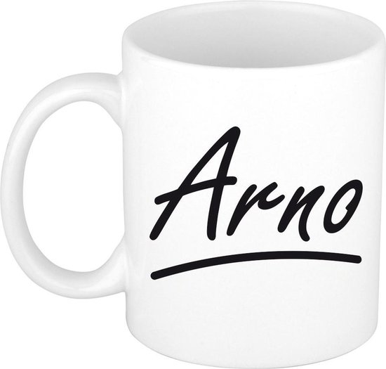 Arno naam cadeau mok / beker met sierlijke letters - Cadeau collega/ vaderdag/ verjaardag of persoonlijke voornaam mok werknemers