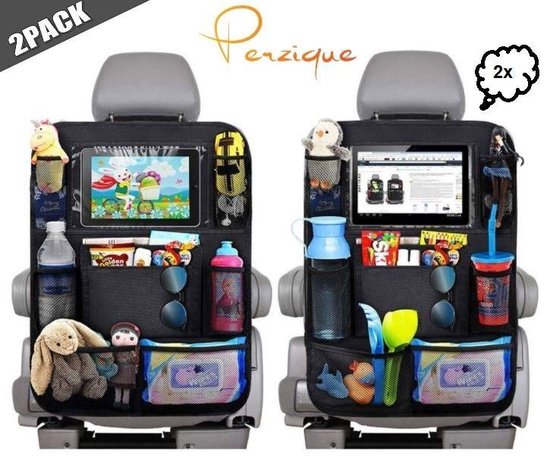 Luxe & stevige 2x autostoel organizer met tablet houder - Set van 2 - Auto stoel organiser - Tablet houder - Universeel - Zwart