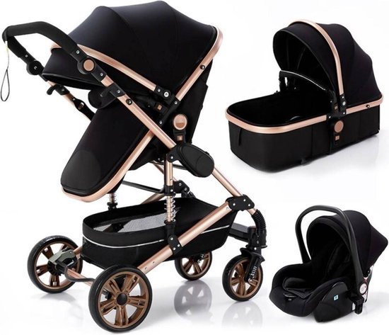 Luxe Kinderwagen 3-in-1 - Baby Wagen, Buggy, Stoel en Wieg - Wandelwagen voor Kinderen - Compact Opvouwbare Plooibuggy, 56 x 32 cm - Lichtgewicht - 0 tot 48 Maanden - Zwart / Goud, 42 x 45 x 103 cm