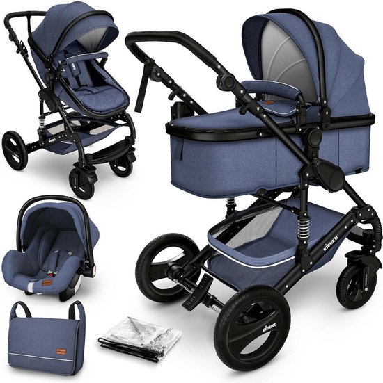 KIDUKU- 3 in 1 combi-kinderwagen- blauw/zwart- buggy incl. autostoeltje-regenhoes- inklapbaar