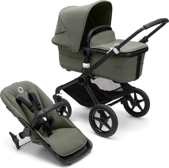 Bugaboo Fox 3, Comfortabele 2-in-1 Reissysteem: Lichte comfort Kinderwagen & Geavanceerde Breezy Reiswieg, Zwarte Chassis, Forest Green Bassinet & Zonnekap