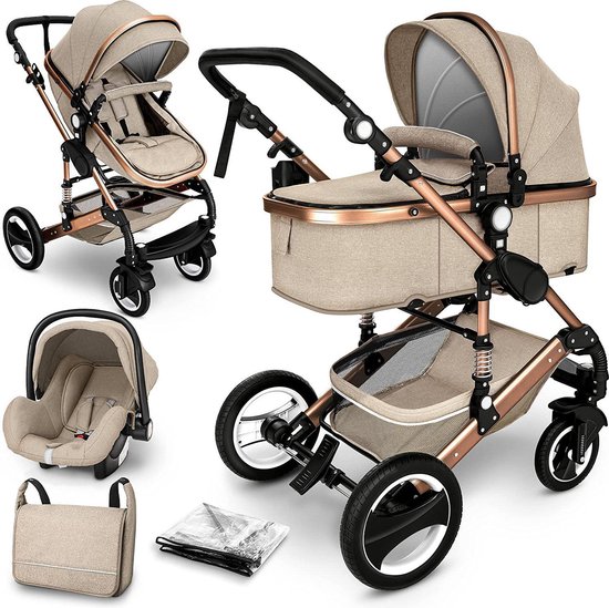 Sens Design Kinderwagen 3 in 1 - met luiertas - Beige/Goud