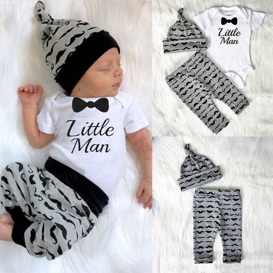 Newborn - Baby Kleding Jongens - Baby Cadeau - Unisex - Baby Mutsje - Kraamcadeau - Babyshower Cadeau Setje 3/delig - Little Man- 0-3 Maanden